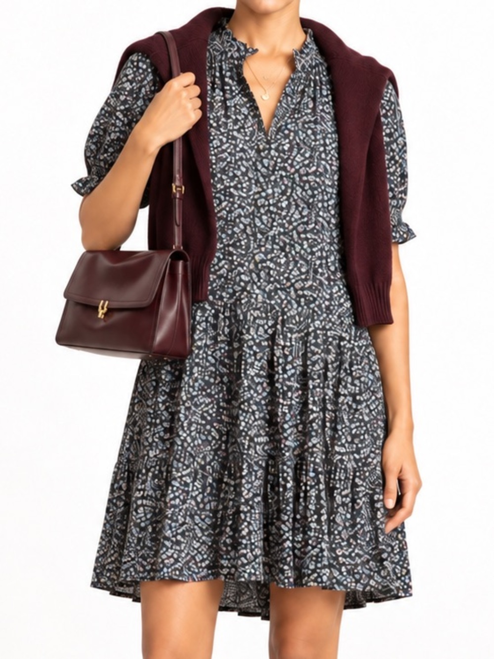 Apiece Apart Blue Floral Tiered Mitte Short Sleeve Mini Dress, size small